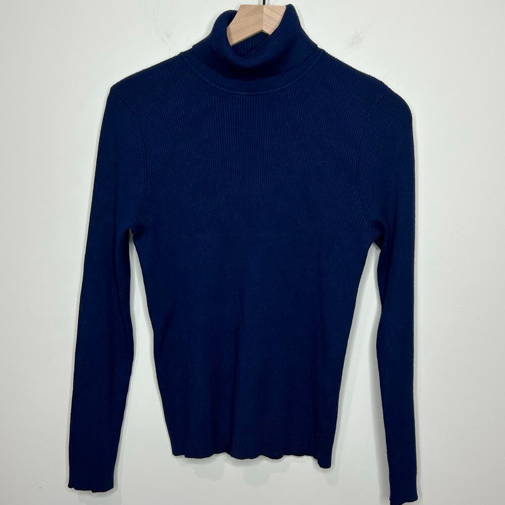 Chico's Blue Ribbed Turtleneck Shirt Size 8/M (Chico's Size 1) Long Sleeves